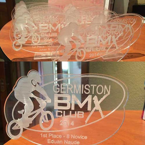 personalised plastic trophy with BMX engraving