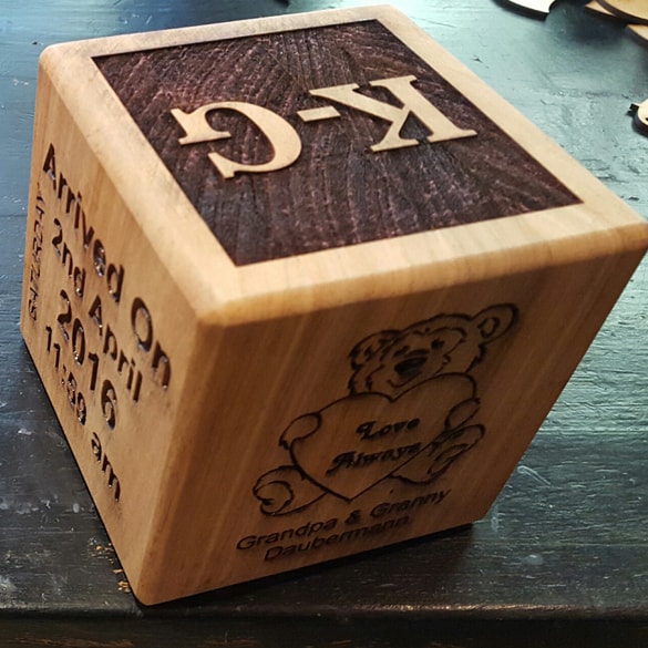 wooden toy block with engraving